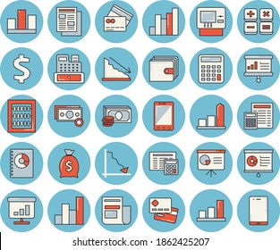 Thin line blue tinted icon set - calculator flat vector, crisis, chart, cash, credit card, dollar, purse, wealth, news, book balance accounting, machine, statistic, abacus, presentaition board