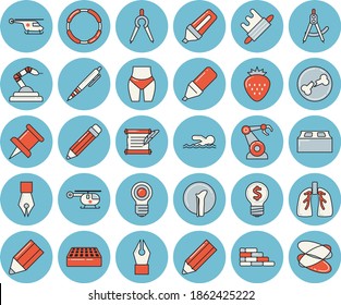 Dünne, blaue, getönte Ikonenset - Ziegelwand, flache Vektorgrafik, Rollstift, Erdbeere, Robotik, Divider, Marker, Idee, Hubschrauber, Knochenbrüche, Lungen, Zeichnungen, Tintenfisch, Stift, Stift, Glühbirne, Hostory-Rolle