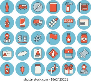 Thin line blue tinted icon set - glass jar flat vector, ketchup, ear, bread, lemonade, jam, signboard, location, flag, present, sell out, trucking, barcode, DNA, sperm, pushpin, pets allowed, badge