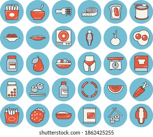 Thin line blue tinted icon set - weighing machine flat vector, cookbook, watermelon, spaghetti on a fork, salad, porridge, onion, French fries, fish rolls, scrambled eggs, blackberry, pear, sandwich