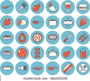 Thin line blue tinted icon set - saucepan flat vector, frying pan, hiking pot, saute, knives, spaghetti, ham, sausage, on a fork, hamburger, hot dog, pizza, dish, pie, chicken, shashlik, cutlet