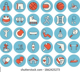 Thin line blue tinted icon set - barbell flat vector, skateboard, basketball, volleyball, skipping rope, carpal expander, sports pear, athletic shorts, tennis ball, fitball, boxing gloves, Treadmill