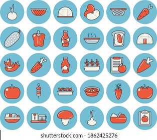 Thin line blue tinted icon set - colander flat vector, food processor, mushroom, tomato, ketchup, legumes, onion, carrot, salad, soup, bell pepper, hot peppers, cucumber, canape, sandwich, seedlings