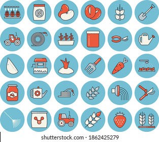 Thin line blue tinted icon set - ear flat vector, legumes, coffee beans, garlic, jam, Strawberry, fertilizer vectory, well, carrot, tractor, sprinkling machine, pitchfork, shovel, hose, secateurs