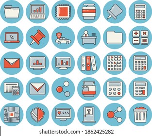 Juego de iconos tintados de color azul claro - calculadora vector plano, piloto automático, placa base, diagnóstico de estado por ordenador, pin de dibujo, gráfico, archivo, carpeta, trabajador de oficina, máquina de copia, portátil, correo, cpu
