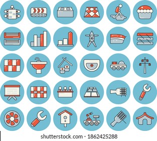 Thin line blue tinted icon set - sink flat vector, tile, brick, flooring, spaghetti on a fork, cupcake, piece of cake, fish rolls, nesting box, ventilation, power line support, conveyor, wrench