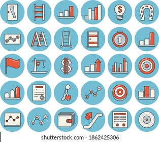 Thin line blue tinted icon set - ladder flat vector, Entrance door, horseshoe, crane, chart, dollar, purse, idea, scatter, flag, statistic, point diagram, contract, businessman, medal, achievement