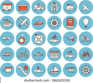 Thin line blue tinted icon set - wheelbarrow flat vector, refueling, accumulator, canister, eco cars, electric, autopilot, express delivery, ambulance, helicopter, bicycle, aircraft, train, sailboat
