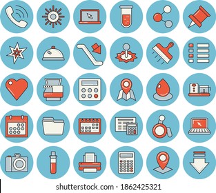 Juego de iconos de color azul claro - calculadora vector plano, cuchillo insignificante, procesador de alimentos, sol, gota, láser, ubicación, llamada telefónica, análisis de sangre, corazón, calendario, archivo de computadora, impresora, máquina de copiar, chispa