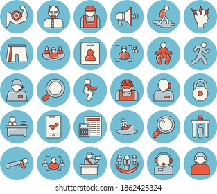 Dünnlinenblaues Symbol-Set - Taschenrechner mit flacher Vektorgrafik, Bauarbeiter, Telefondirektor, Fernsprecher, Kopfschmerzen, Teamwork, Rekrutierung, Telefon, Büro, Wissenschaftler, Gewicht, Muskeln, Sporthürzen, Squats
