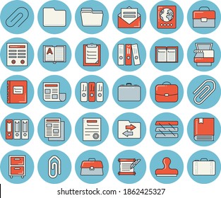 Juego de íconos de color azul claro - vector plano de caso, noticias, portapapeles, maletín, clip, documento, archivo de ordenador, carpeta, bandeja de papel, máquina de copiar, archivo, contrato, rollo de relatos, libro de texto, pasaporte