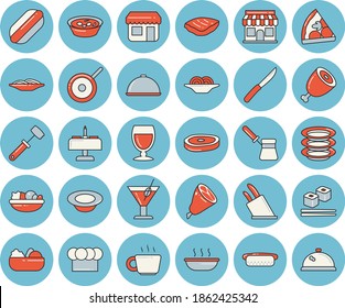 Thin line blue tinted icon set - teflon flat vector, cook hat, knives, meat hammer, turk, dish, plates, spaghetti, hot dog, pizza, salad, soup, ham, chop, fish rolls, wine, cocktail, store front
