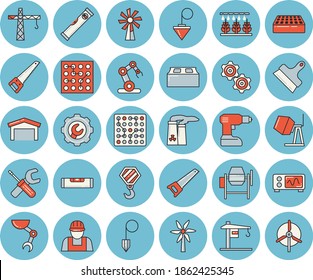Thin line blue tinted icon set - crane flat vector, builder, hook, concrete mixer, tool, drill screwdriver, saw, level meter, repair, putty knife, construction plummet, brick, windmill, warehouse