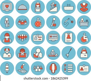 Thin line blue tinted icon set - builder flat vector, dish, construction worker, welding, team, computer diagnostics of health, disabled, massage, injury, gestation, nurse, teamwork, badge, office
