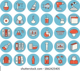 Thin line blue tinted icon set - drill screwdriver flat vector, paint brush, door lock, colander, turk, mushroom, fish, onion, lemonade, soda, crane, robotics, person, disabled, medical analysis