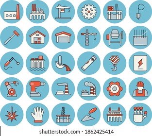 Thin line blue tinted icon set - crane flat vector, builder, hook, concrete mixer, trowel, cogwheel, drill screwdriver, level meter, switch box, construction plummet, ax, gloves, factory, plant