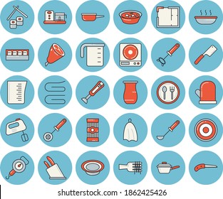 Thin line blue tinted icon set - house layout flat vector, saute, weighing machine, meashuring cup, spring balance, potholder, ladle, kitchen spoon, whisk, towel, knives, induction cooker, mixer