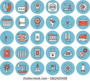 Thin line blue tinted icon set - warm floor flat vector, boiler, fridge, windmill, battery, solar, oil pumping, factory, tanks, accumulator, lamp, socket, plug, hydroelectric power station, eco cars