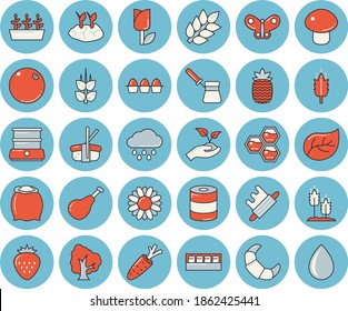Thin line blue tinted icon set - rolling pin flat vector, turk, double boiler, spice, flour, ham, croissant, egg, canned food, mushroom, sashimi, Strawberry, pineapple, honeycomb, ear, orange, tree