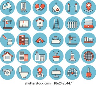 Thin line blue tinted icon set - toilet flat vector, house layout, skyscraper, boiler, teapot, potholder, turk, mixer, double, food processor, sieve, nesting box, home plant, ladder, crane, radiator