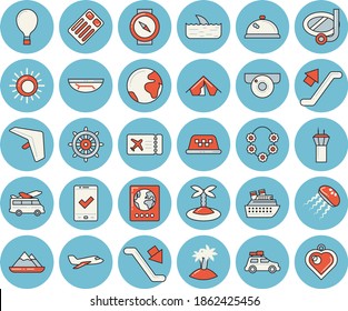 Juego de íconos de color azul delgado - tierra vectorial plana, avión, auto, escaladora, torre del aeropuerto, ala delgada, globo, pasaporte, boleto, check in, tienda, playa de mar, sol, isla, heroína, transferencia