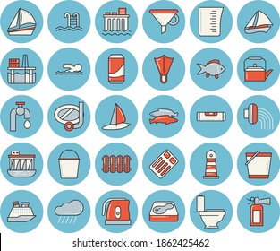 Thin line blue tinted icon set - toilet flat vector, level meter, heating batteries, meashuring cup, teapot, electric kettle, fish, lemonade, bucketful, hose irrigation, water tap, rain, pool, mask