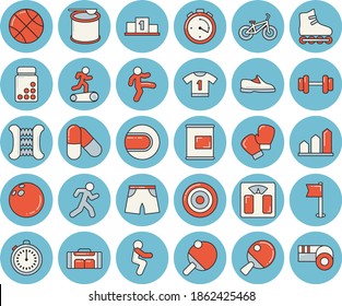 Thin line blue tinted icon set - dumbbell flat vector, pedestal, sneakers, bowling ball, basketball, achievement chart, weighing machine, bicycle, vitamins, stopwatch, carpal expander, sports flag