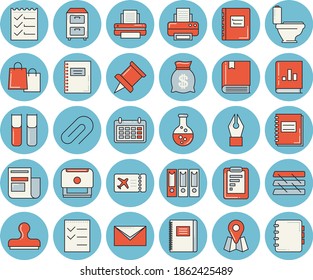 Juego de iconos de color azul claro - vectores planos de inodoro, química, ubicación, informe gráfico, riqueza, calendario, bolsos, noticias, contabilidad de balance de libros, bloc de notas, clip, lápiz de tinta, lista de tareas pendientes, impresora, archivo