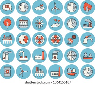 Thin line blue tinted icon set - faucet flat vector, tree, seedlings, solar battery, windmill, earth, factory, oil tanks, forest, hydroelectric power station, manufactory, plant, radiation, nuclear