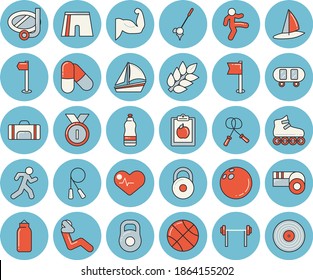Thin line blue tinted icon set - sailboat flat vector, barbell, weight, medal, bowling ball, skateboard, basketball, heartbeat, diet, muscles, skipping rope, sports pear, athletic shorts, flag, run