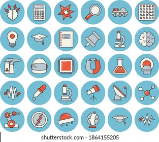 Juego de iconos de color azul claro - antena satelital vectorial plano, pipeta, tomógrafo, matraz, molécula, microscopio, bombilla, central nuclear, chispa, globo, tapón de soltero, cpu, relámpago, imán, ufo