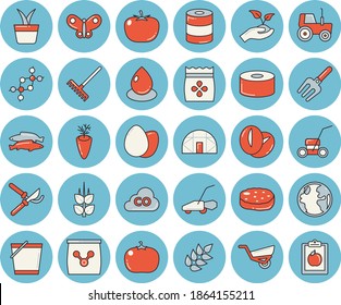 Thin line blue tinted icon set - tomato flat vector, ear, egg, canned food, cutlet, coffee beans, carrot, fish, seeds, home plant, tractor, pitchfork, secateurs, seedlings, rake, bucketful, earth