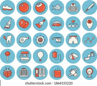 Thin line blue tinted icon set - paint brush flat vector, color scheme, lollipop, coffee beans, fish, tea, well, ladybird, main pipeline, scatter chart, medical warmer, helicopter, broken tooth, pen