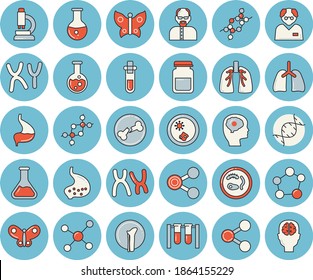 Juego de íconos de tintado de color azul delgado - mariposas vector plano, química, moléculas, análisis médico, ADN, cromosomas, fractura ósea, estómago, pulmones, matraz, molécula, microscopio, científico, zapatillas