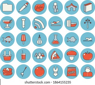 Juego de íconos de tintado de color azul delgado - vectores planos de tomate, pescado, tortitas, pizza, helado, soda, naranja, setas, semillas, química, hoja de árbol, soporte de línea de alimentación, metalurgia, equipo, archivo de computadora, corbata