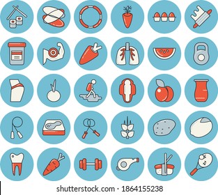 Thin line blue tinted icon set - rolling pin flat vector, jugful, potato, lemon, carrot, egg, watermelon, onion, fish rolls, sashimi, plum, ear, pool, vial, dental crowns, lungs, dumbbell, weight
