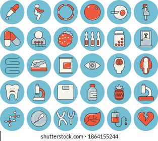 Dünnblauer Farbtonsatz - Handtuchflachvektor, Brombeere, Ananas, Orange, Pool, Baumblatt, Durchstechflasche, Bluttransfusion, Pipette, Mikroskop, Auge, Diagnostik, Ampulle, Geste, Chromosomen