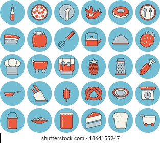 Thin line blue tinted icon set - frying pan flat vector, hiking pot, cake, weighing machine, teapot, cook hat, whisk, knives, flour, dish, grater, table setting, sauce, bagel, bread, spaghetti, jam