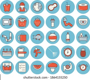 Thin line blue tinted icon set - builder flat vector, sink, pipes, microwave, fish, canned food, watermelon, cake, bell pepper, French fries, whiskey, soda, Strawberry, pineapple, mushroom, rake