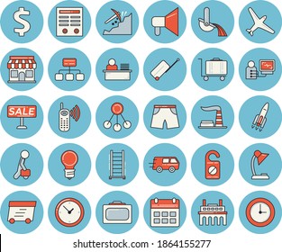 Thin line blue tinted icon set - ladder flat vector, factory, lamp, plant, mining, metallurgy, store front, hierarchy, dollar, phone call, sell out, trucking, express delivery, diagnostics, reading