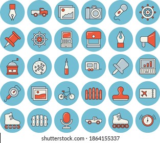 Thin line blue tinted icon set - spring balance flat vector, coffee grinder, sauce, pickup truck, fence, drawing pin, ink pen, computer, roller Skates, trailer, bicycle, ticket, disco ball, camera