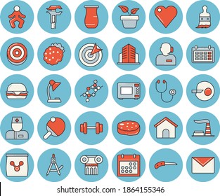 Thin line blue tinted icon set - microwave flat vector, jugful, hamburger, cutlet, blackberry, home plant, knife, paint brush, fertilizer vectory, factory, dividers, trammel, calendar, heart, DNA