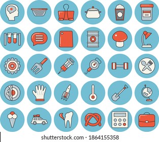 Juego de íconos de tintado de color azul delgado - plaqueta vectorial plano, colador, balanceo de resorte, tabla de corte, temperatura, bagel, setas, palomitas, helado, horquilla de cocina, pala, guantes, tanques de aceite, rueda cognectoria, vial
