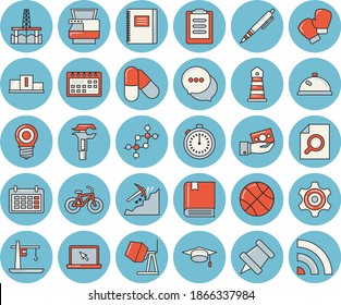 Thin line blue tinted icon set - concrete mixer flat vector, oil production platform, lamp, crane, mining, trammel, lighthouse, cogwheel, investments, calendar, chat, clipboard, magnifier, laptop