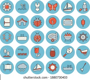 Thin line blue tinted icon set - fridge flat vector, barbecue, pineapple, ear, tree, flower, ladybird, sprinkling machine, garden wheelbarrow, tulip, sun, butterflies, rain, sailboat, swimsuit, pool