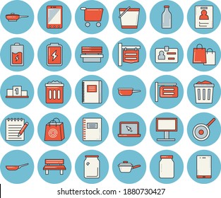 Juego de íconos de color azul claro - sartén frito vectorial plano, salsa, teflón, frasco de vidrio, hebilla, banco, batería, botellas, carrito de compras, cartelera, cartelera, bolsos, placa, portátil, bloc de notas, cuaderno