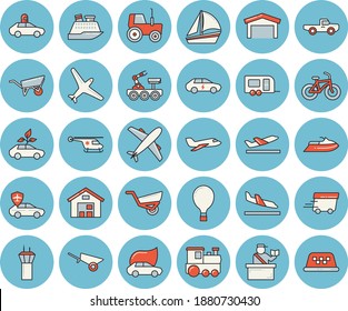 Thin line blue tinted icon set - wheelbarrow flat vector, pickup truck, tractor, garden, eco cars, electric, autopilot, warehouse, express delivery, sailboat, helicopter, lunar rover, bicycle, train