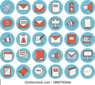 Thin line blue tinted icon set - billboard flat vector, mouthpiece, chat, notebook, sticker, mail, hostory roll, pushpin, indentity card, do not disturb, message, envelope, mobile