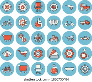 Thin line blue tinted icon set - wheelbarrow flat vector, cogwheel, color scheme, pickup truck, tractor, garden, grocery trolley, disabled, office chair, skateboard, bicycle, steering wheel