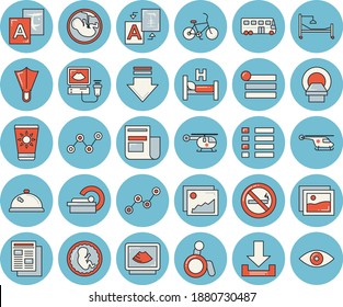 Thin line blue tinted icon set - scatter chart flat vector, news, hospital bed, ultrasound, helicopter, embryo, tomograph, bus, bicycle, sun protection cream, flippers, disabled, no smoking, jingle